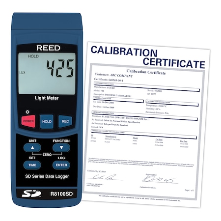 Reed Instruments REED R8100SD Data Logging Light Meter, includes ISO Certificate R8100SD-NIST